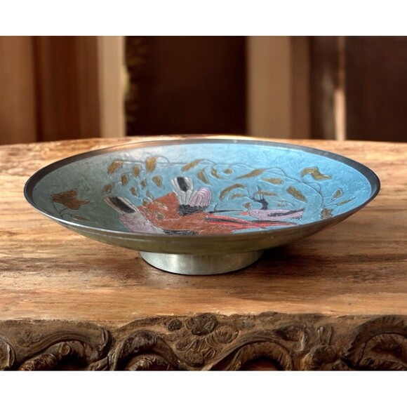 Brass Cloisonné Centerpiece Plate Dish Bowl Birds Vines Turquoise Vintage India